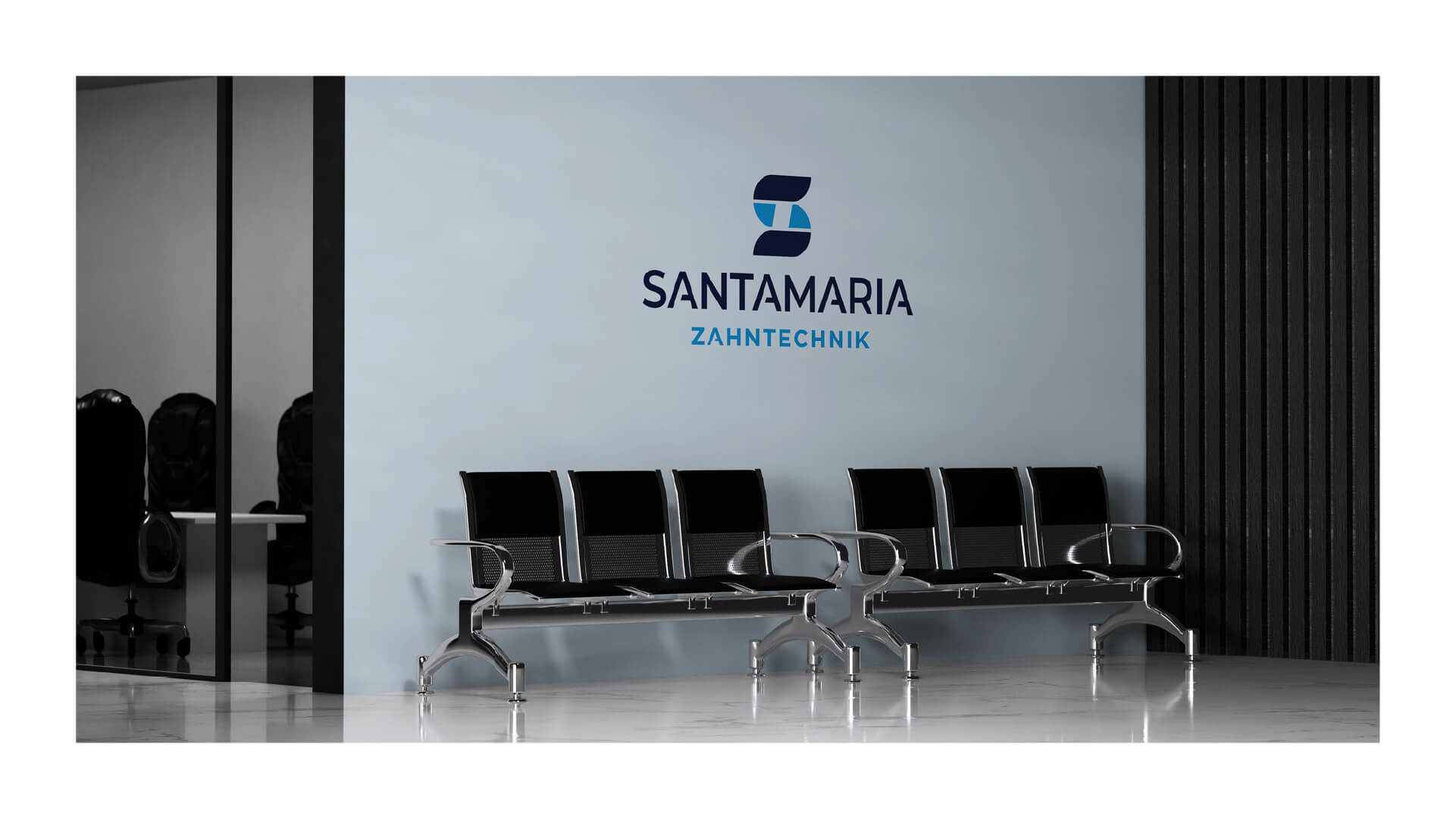 Logo von Santamaria Zahntechnik an einer Bürowand