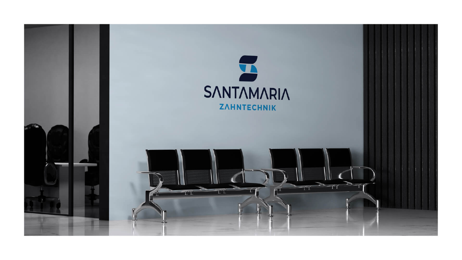 Logo von Santamaria Zahntechnik an einer Bürowand