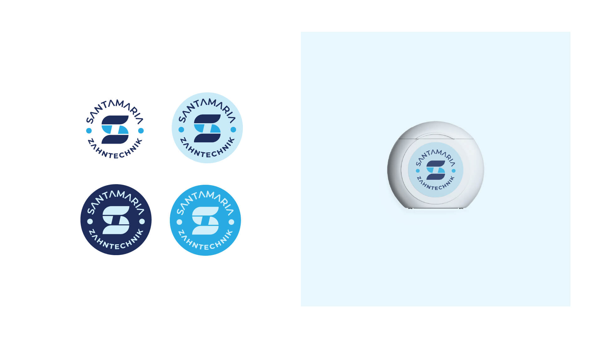 Logo von Santamaria Zahntechnik auf einem Zahnseidebehälter