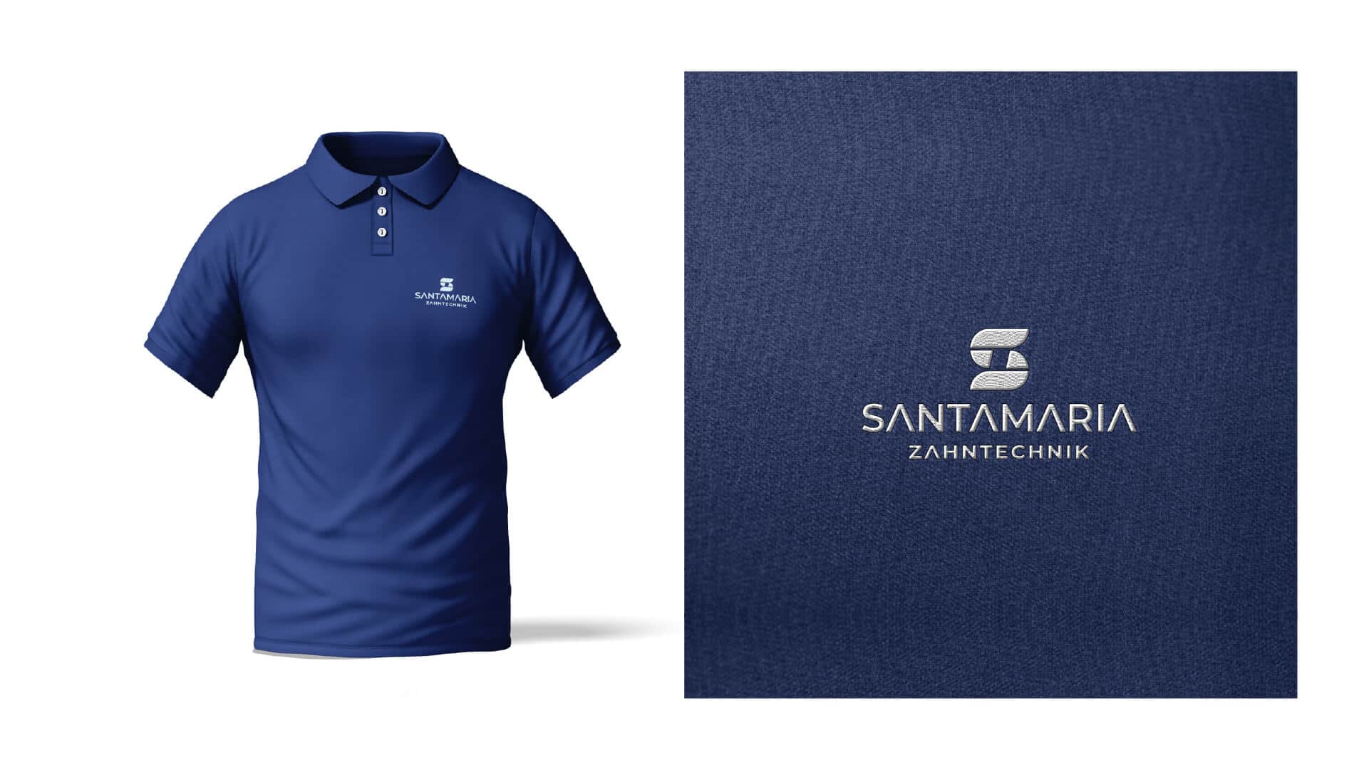 Logo von Santamaria Zahntechnik auf einem Poloshirt und als Stickerei