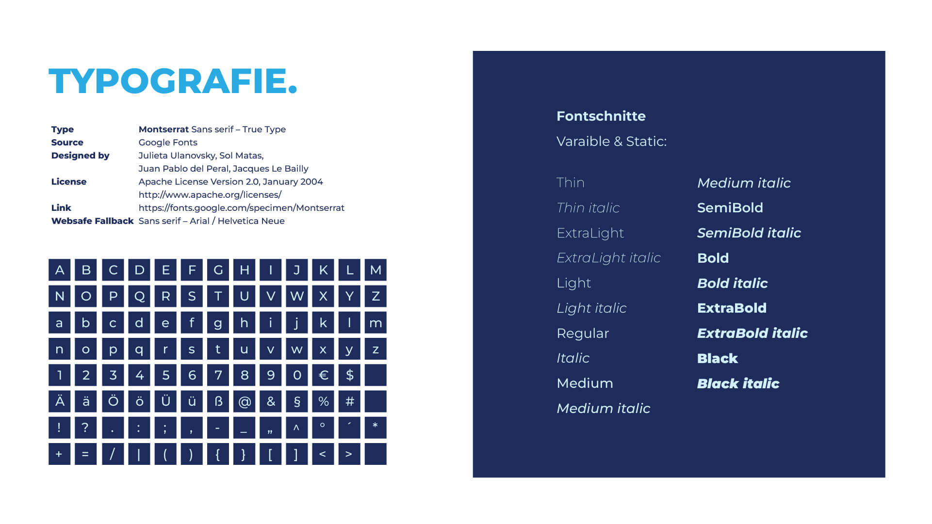 Schriftfamilie, Schriftschnitte und Zeichensatz des Corporate Designs von Santamaria Zahntechnik