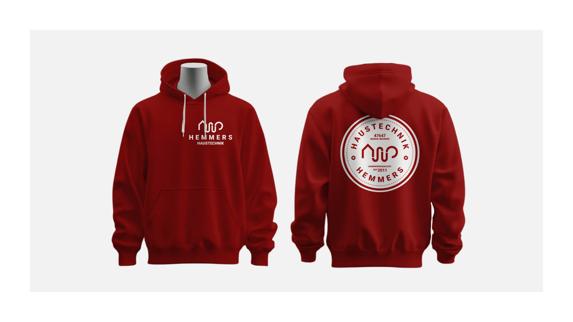 Logo und Badge von Hemmers Haustechnik auf einem Hoodie