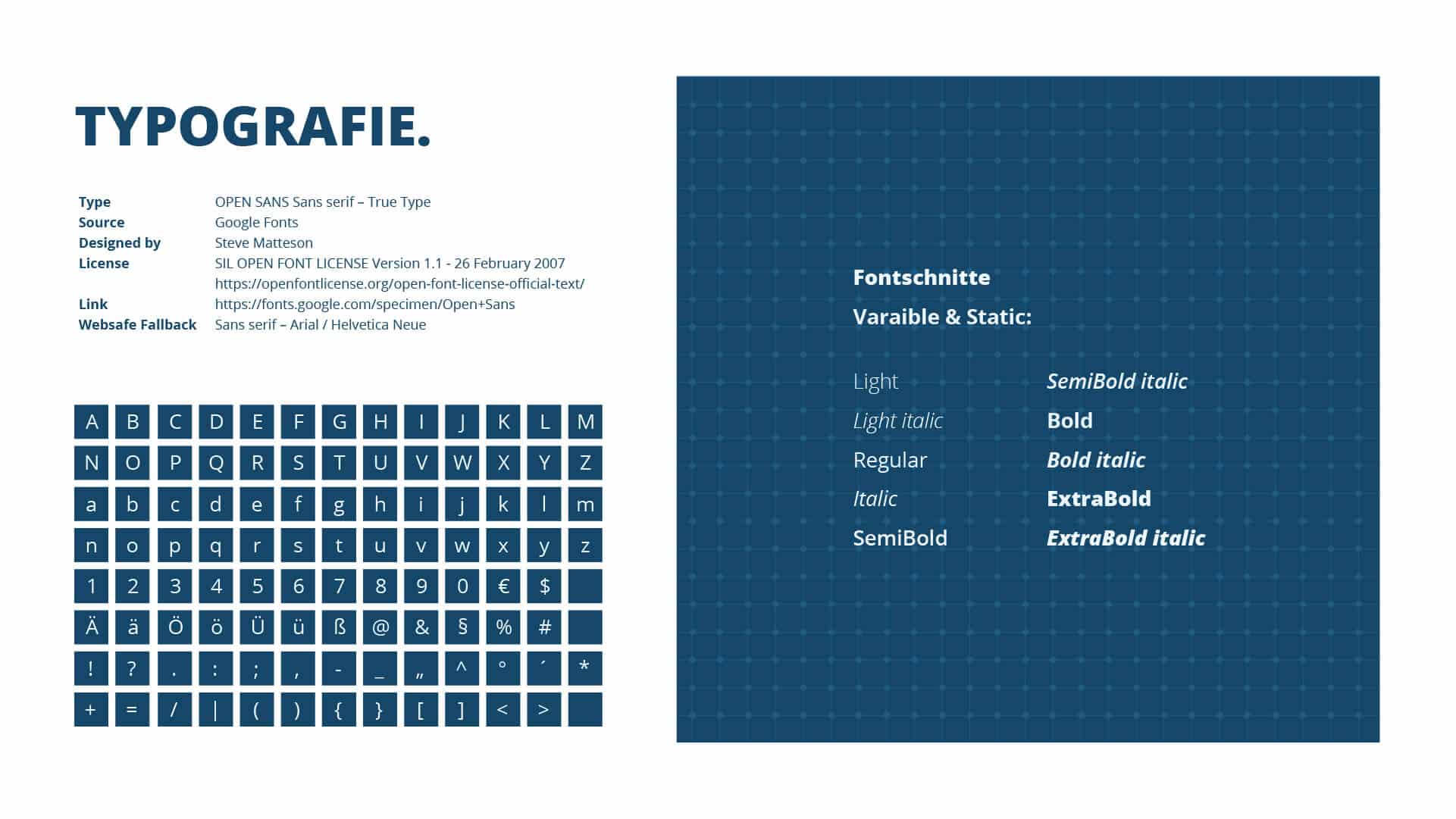 Schriftfamilie, Schriftschnitte und Zeichensatz des Corporate Designs von IMT Baumanagement – Ingenieurbüro Michael Thelen
