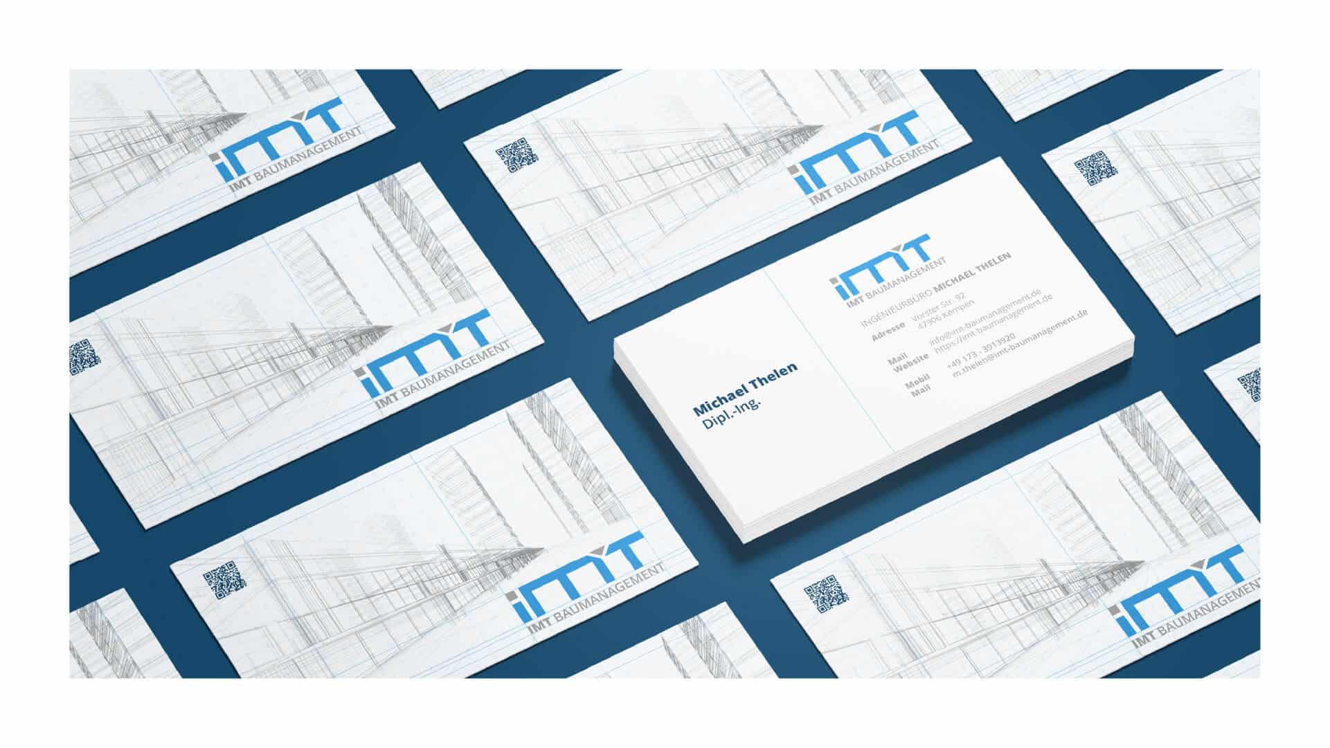 Visitenkarten-Überblick im Corporate Design von IMT Baumanagement – Ingenieurbüro Michael Thelen