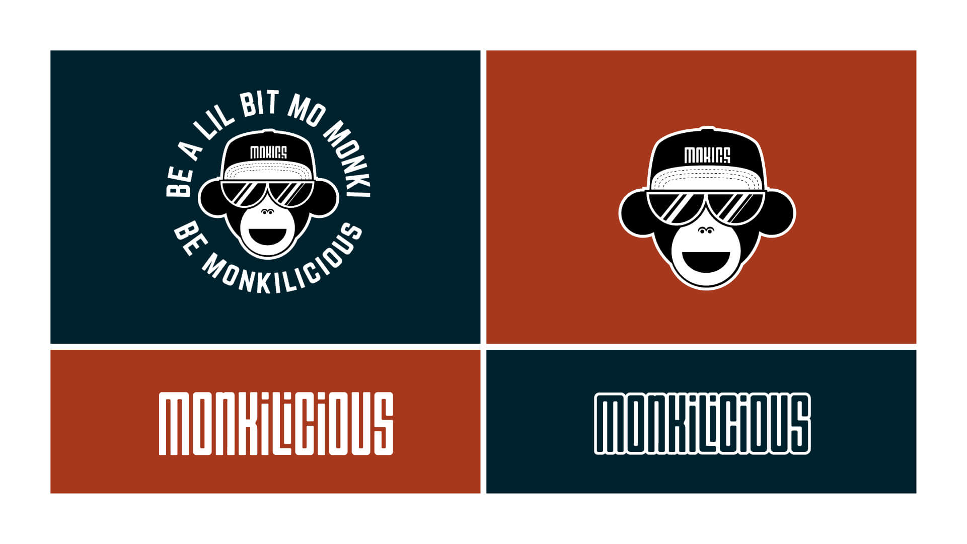 Keyvisual mit und ohne Slogan sowie zwei Logo-Varianten von MONKILICIOUS