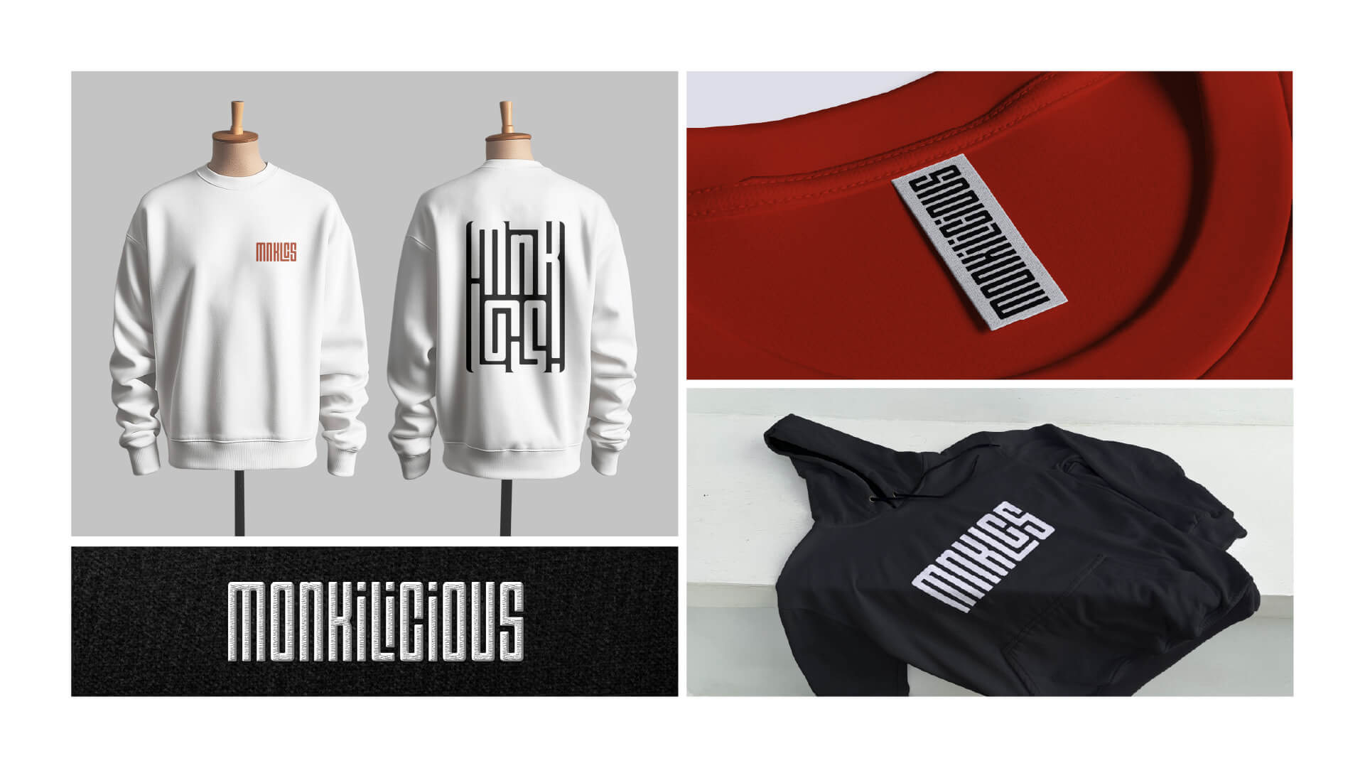 Das Logo von MONKILICIOUS als Stick, und Print auf Swetshirt und Hoodie