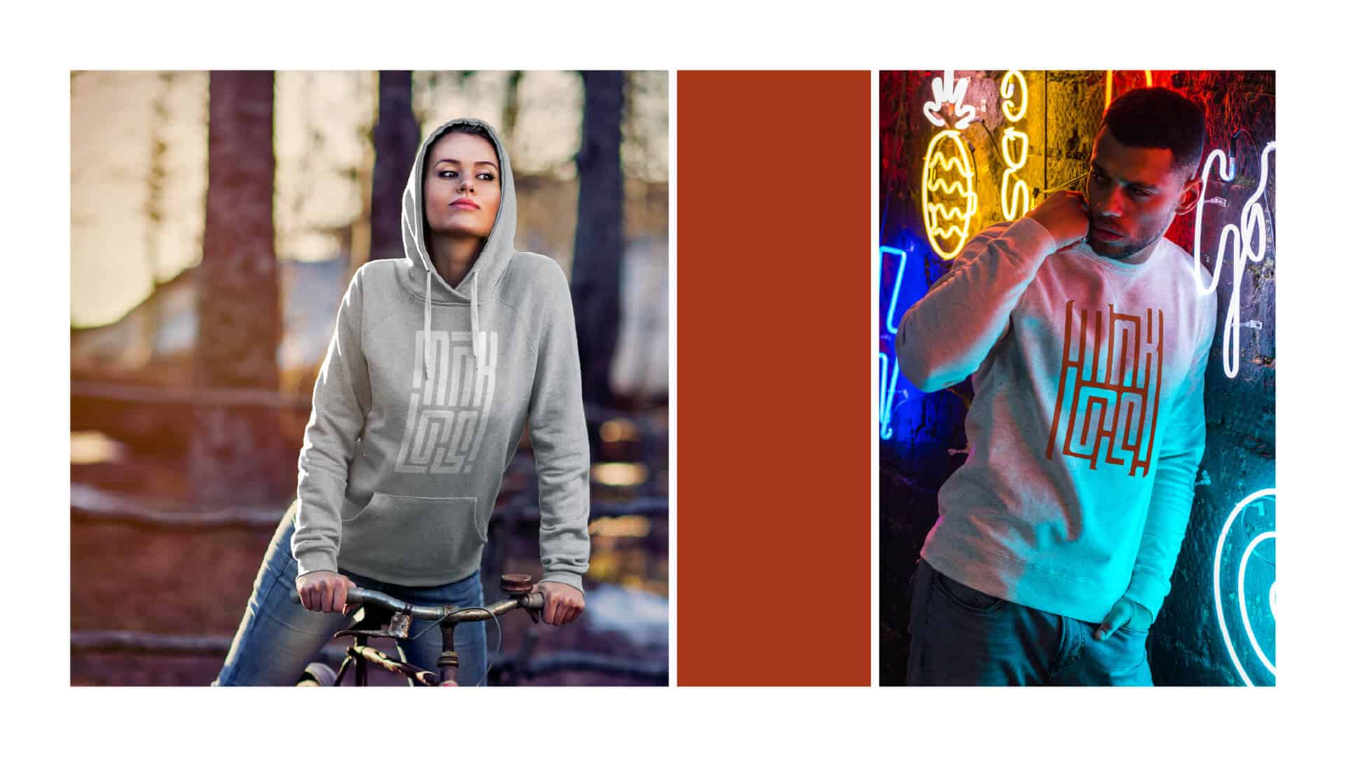 Das Logo von MONKILICIOUS auf einem grauen Hoodie in weiß und auf einem grauen Sweatshirt in rot