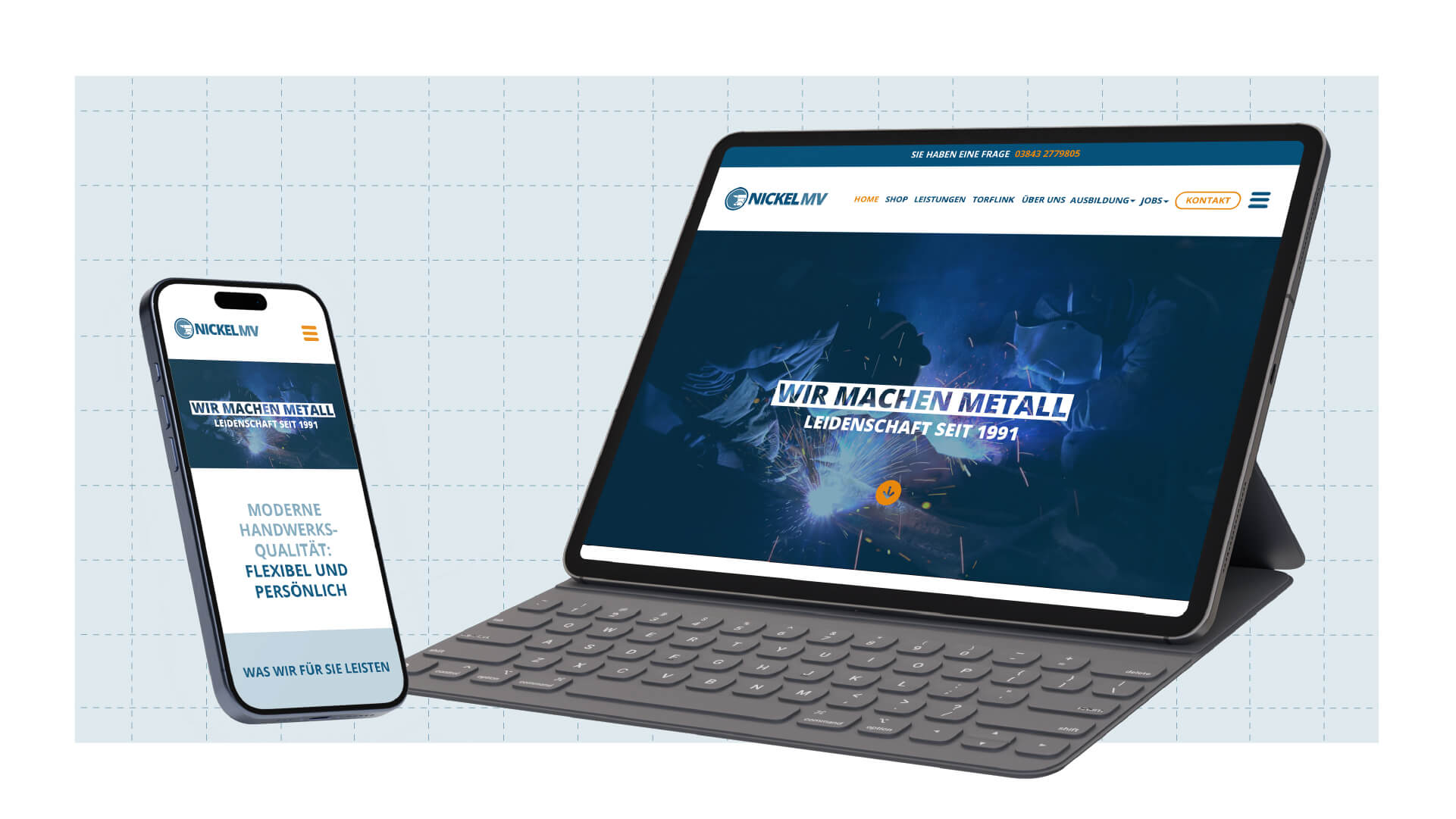 Ansicht des Website-Header von Metallbau Nickel auf einem Smartphone und Tablet