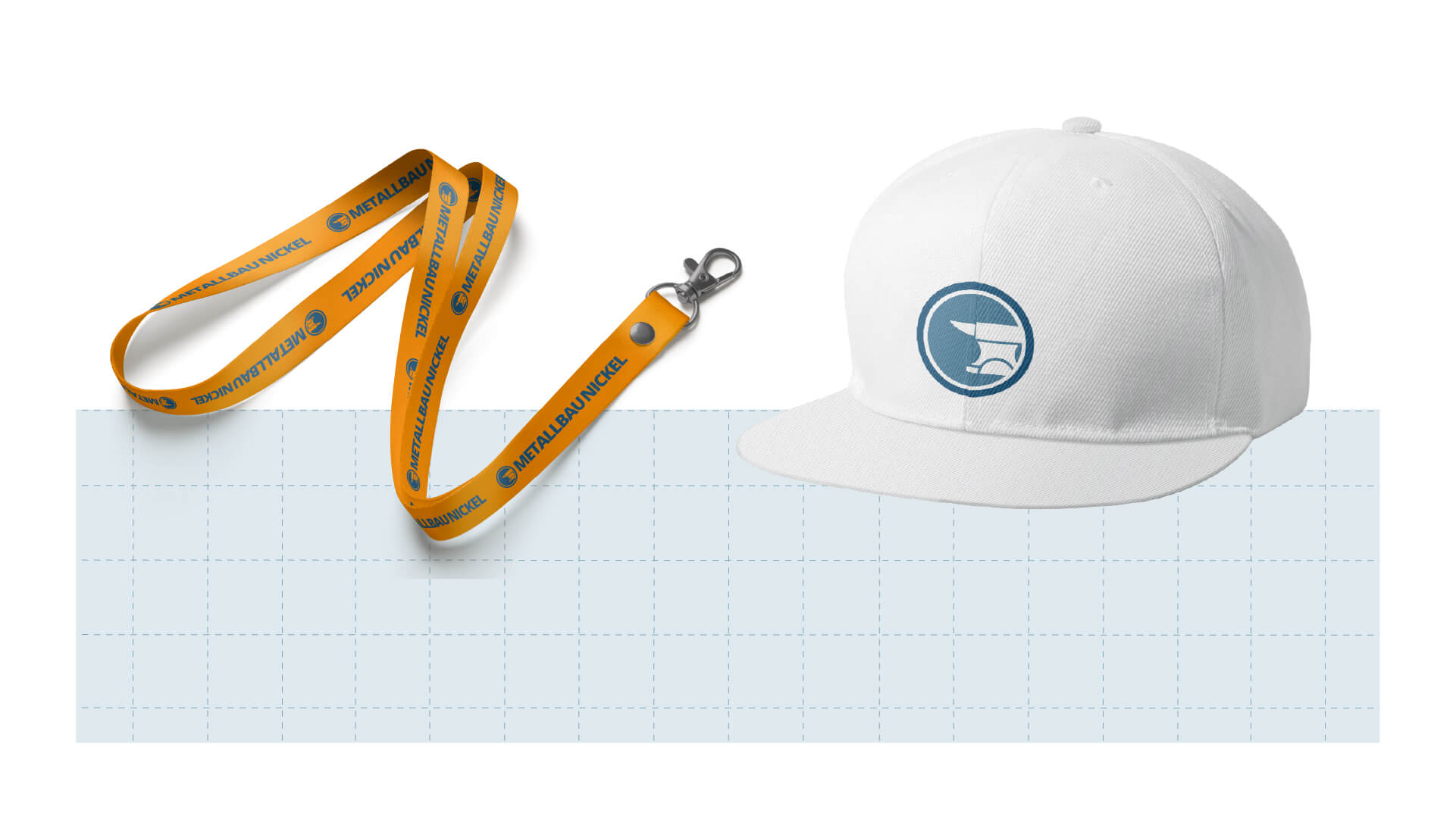Logo von Metallbau Nickel auf einem Lanyard und einer Cap