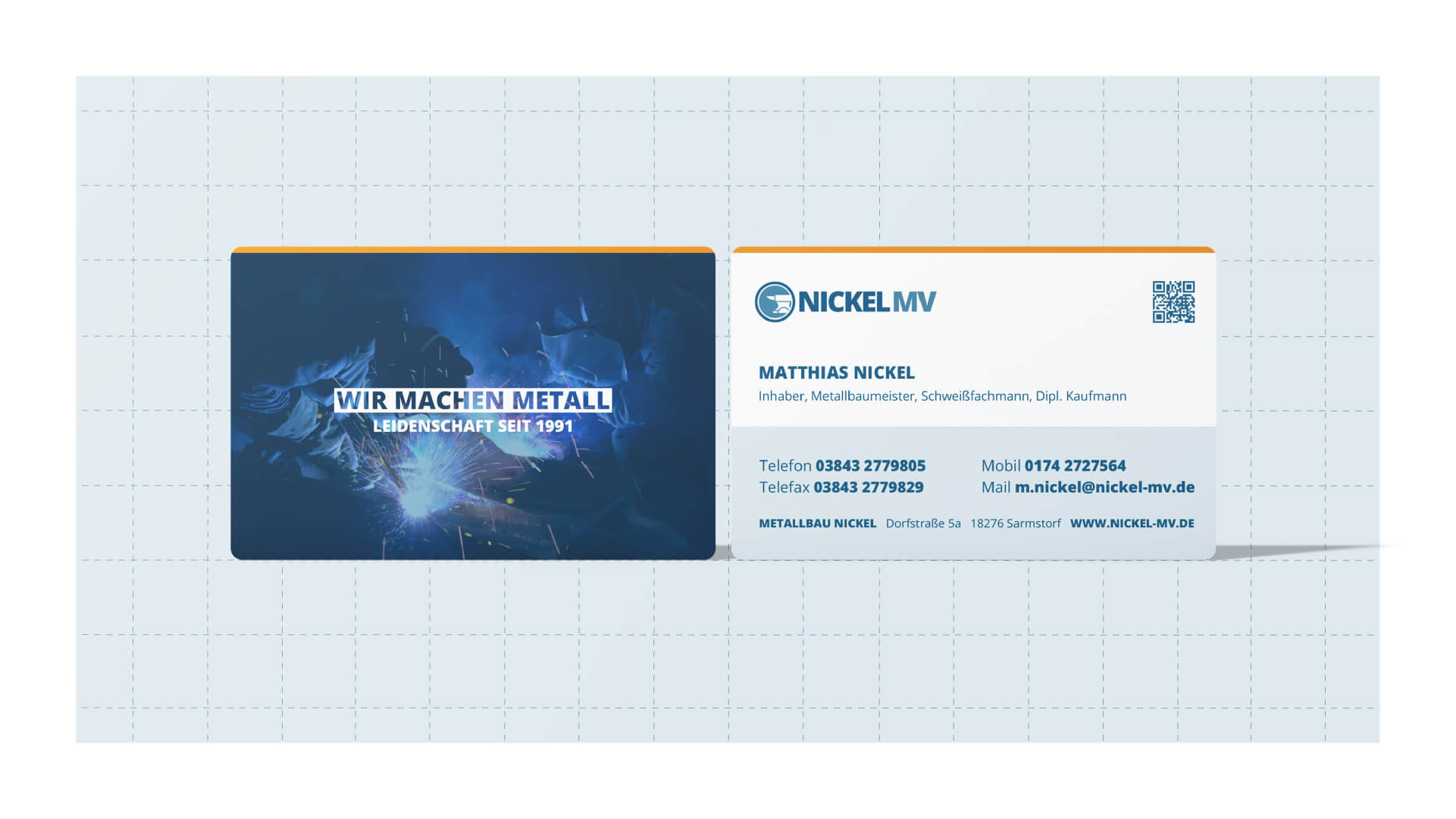 Visitenkarten-Vorder- und Rückseite im Corporate Design von Metallbau Nickel