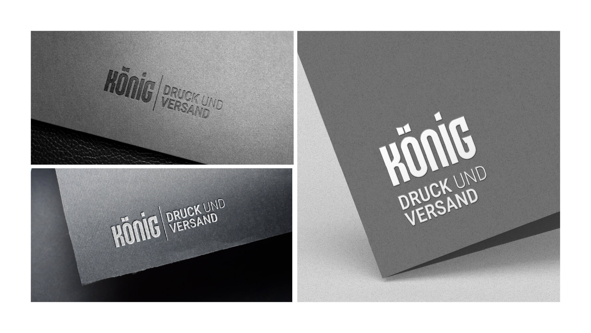 Logo-Präsentation von König Druck & Versand auf unterschiedlichen Papieren und Karton