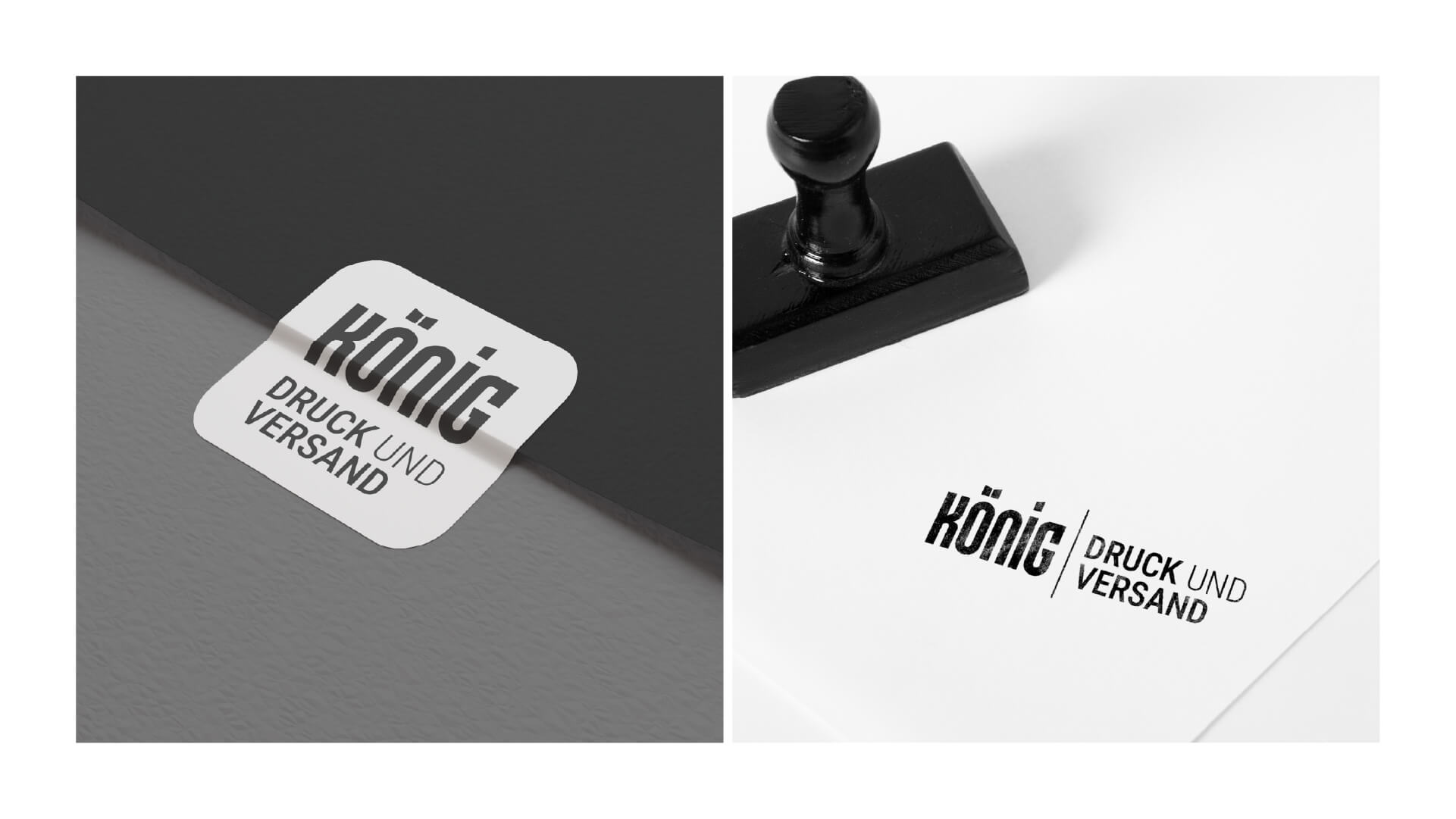Logo-Präsentation von König Druck & Versand auf einem Sticker und als Stempel