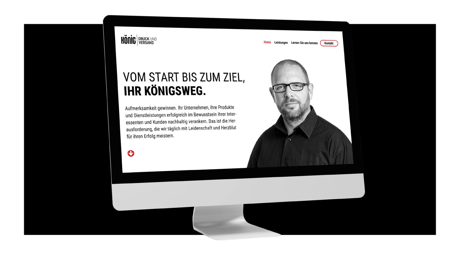 Ansicht des Website-Header von König Druck & Versand auf einem Desktop