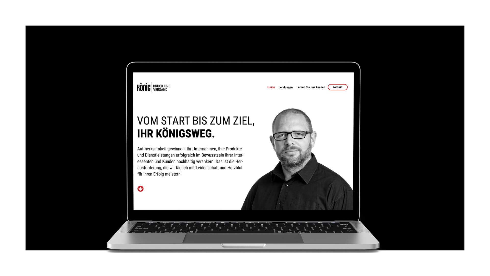 Ansicht des Website-Header von König Druck & Versand auf einem Laptop