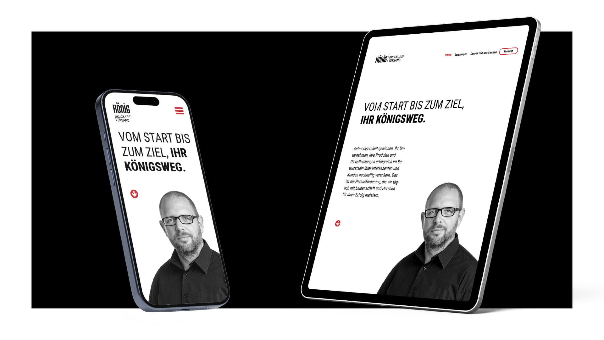 Ansicht des Website-Header von König Druck & Versand auf einem Smartphone und Tablet