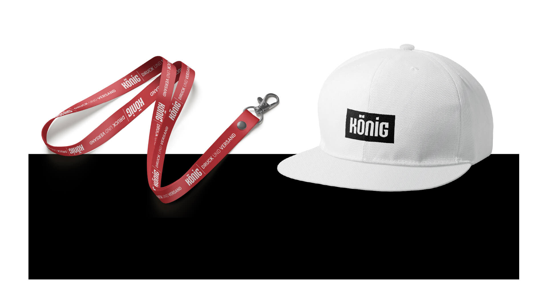 Logo von König Druck & Versand auf einem Lanyard und einer Cap