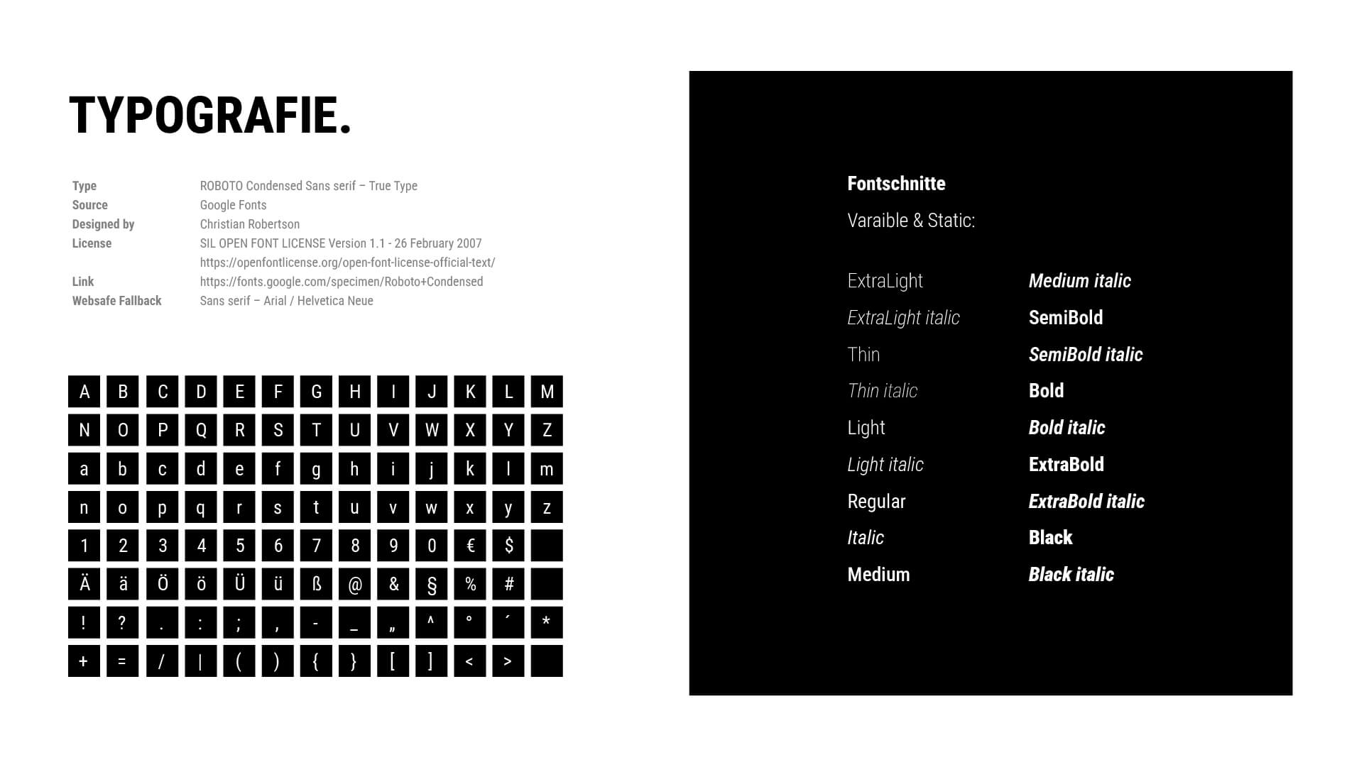 Schriftfamilie, Schriftschnitte und Zeichensatz des Corporate Designs von König Druck & Versand