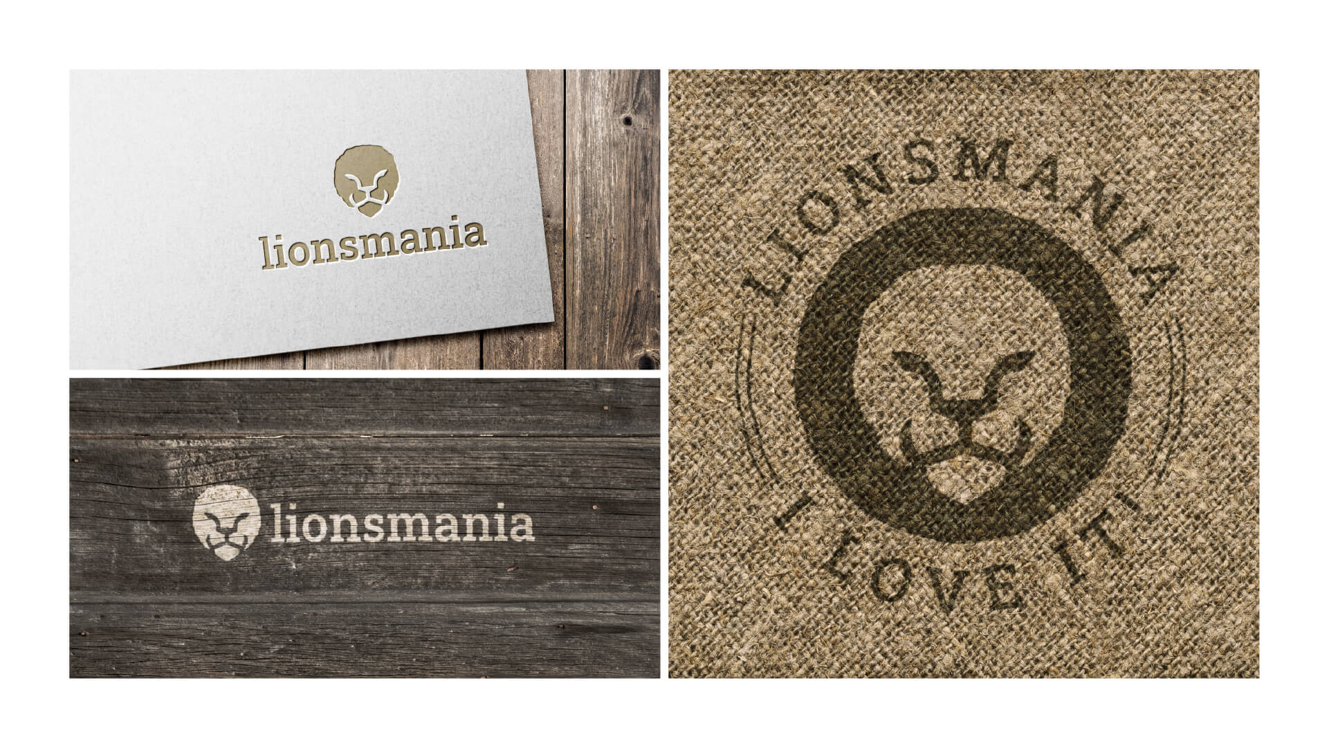 Logo-Präsentation von lionsmania auf Papier, Leinen und Holz gedruckt und gestanzt