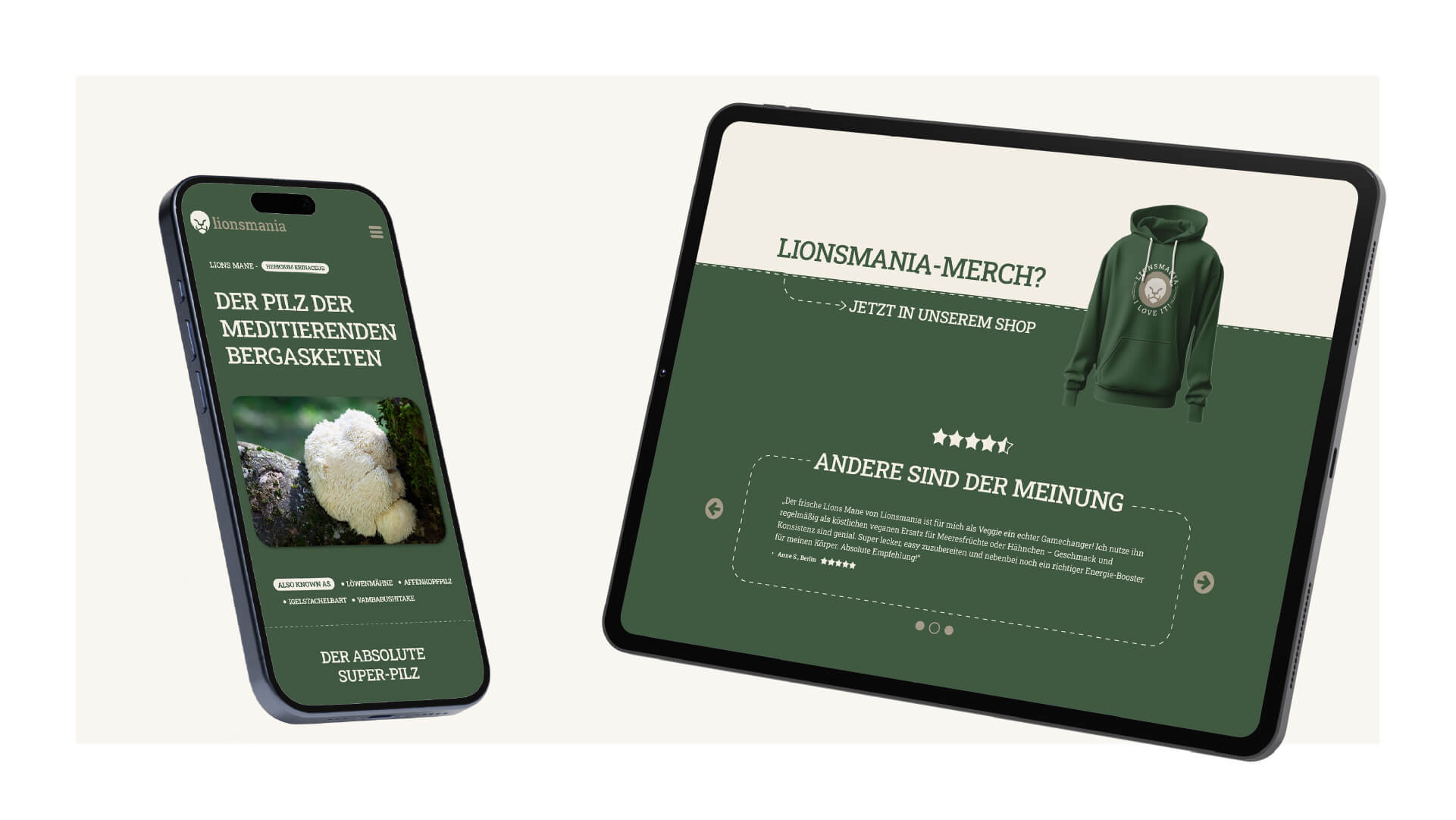 Ansicht einer Website-Sektion von lionsmania auf einem Smartphone und Tablet