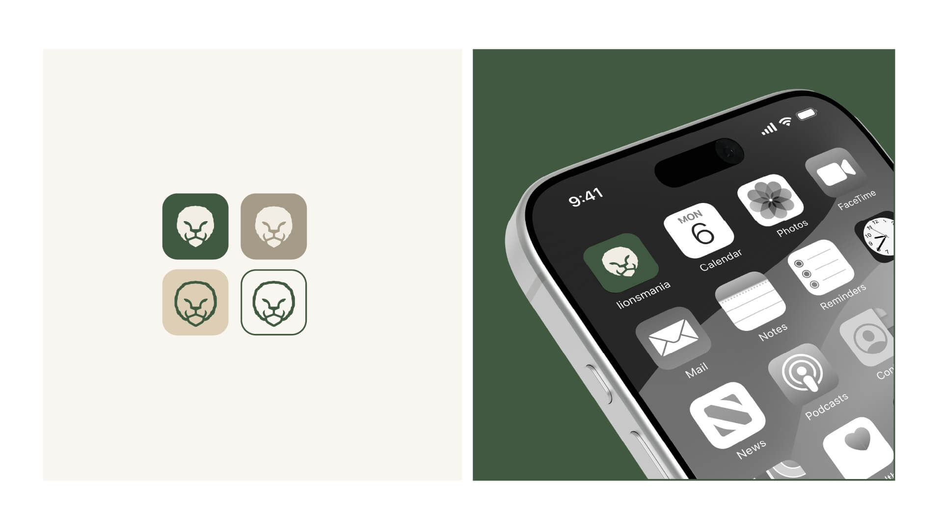 Icon-Übersicht von lionsmania und Anwendung auf einem Smartphone