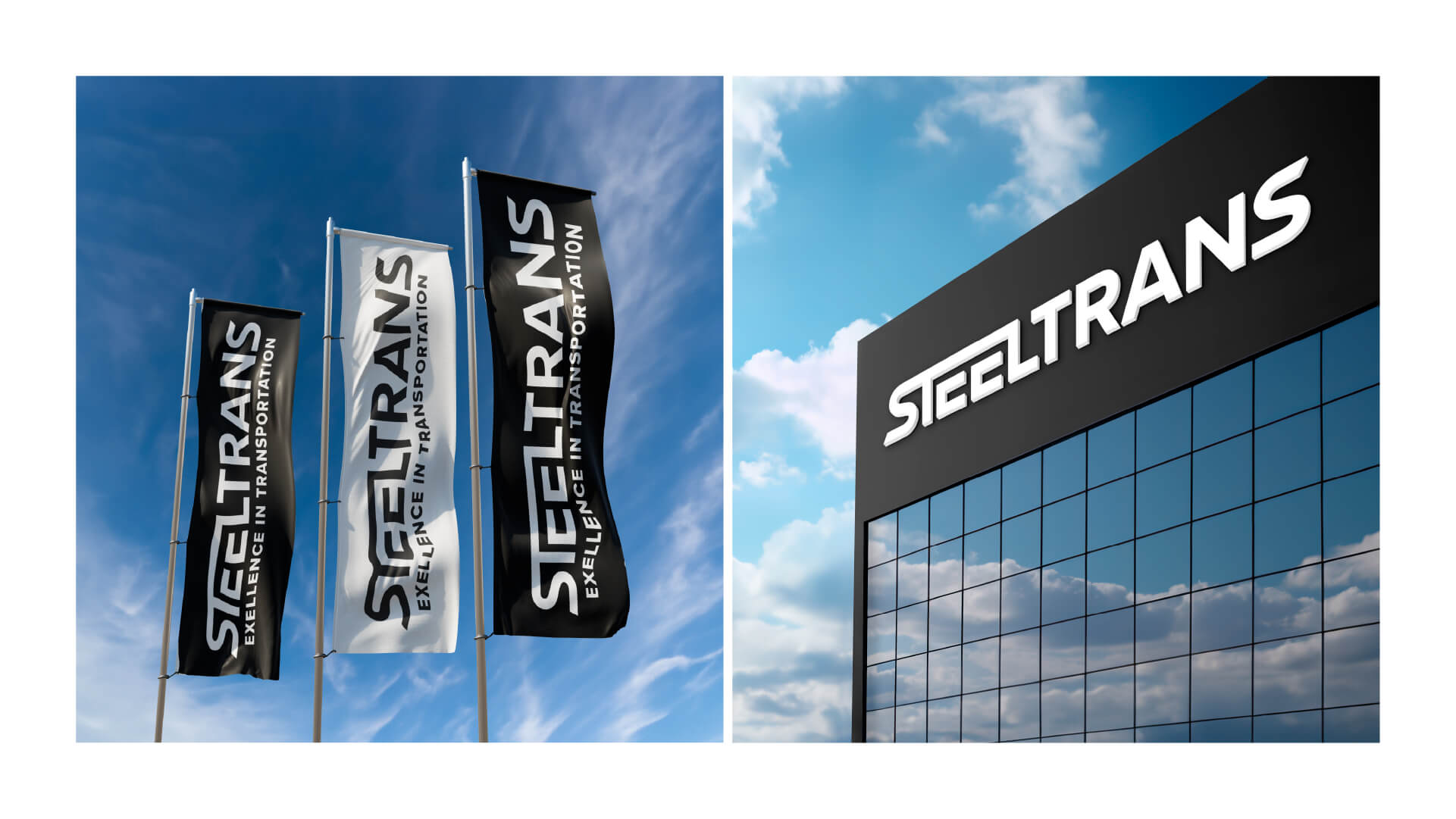 Logo-Präsentation von Steeltrans auf der Fassade der Firmenzentrale und als Flaggen