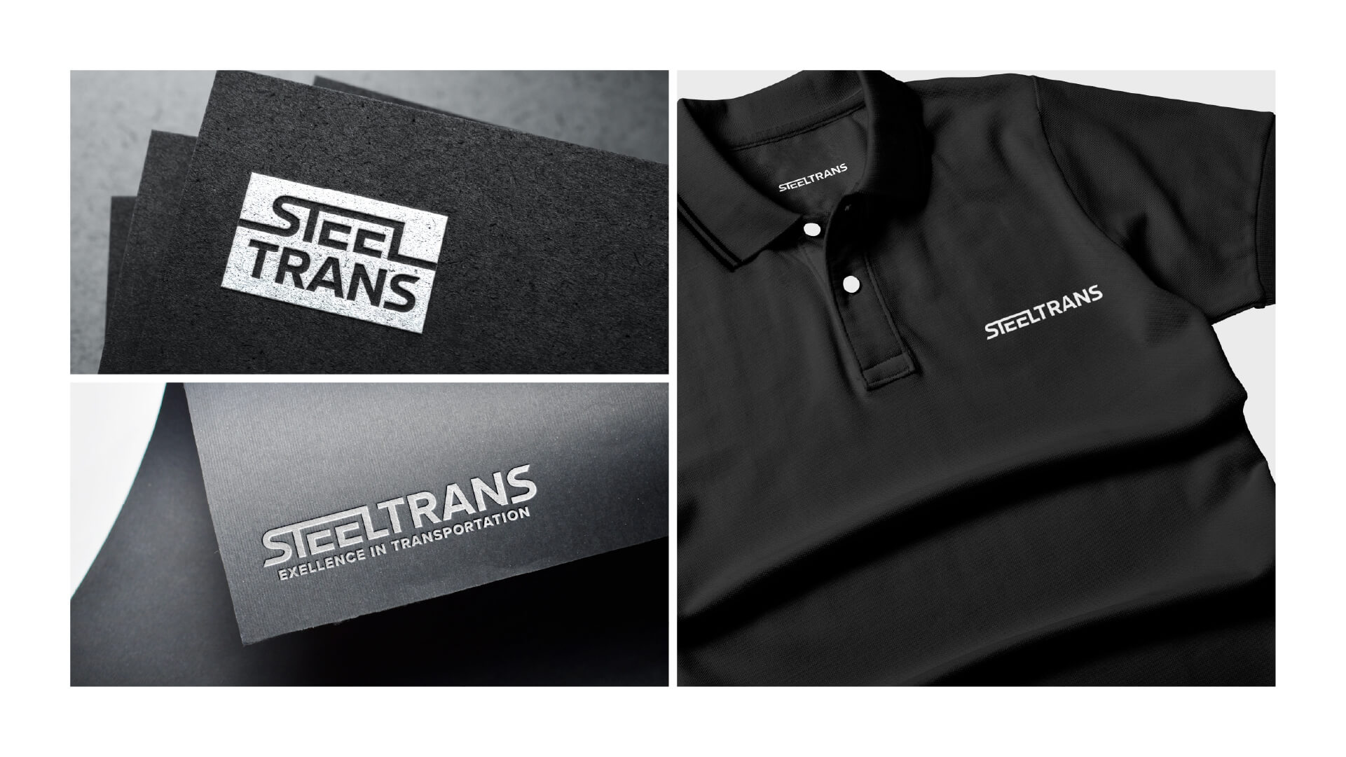 Logo-Präsentation von Steeltrans auf Papier, Karton und Stoff
