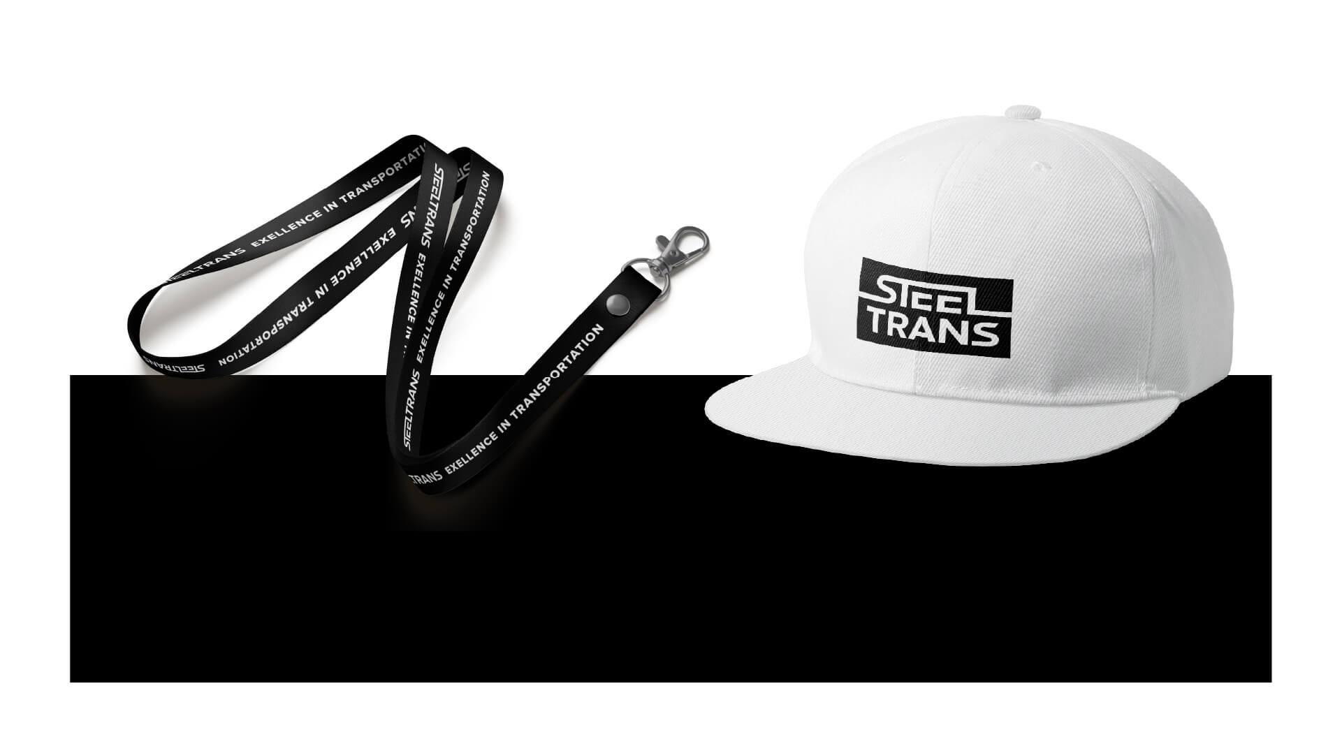 Logo von Steeltrans auf einem Lanyard und einer Cap